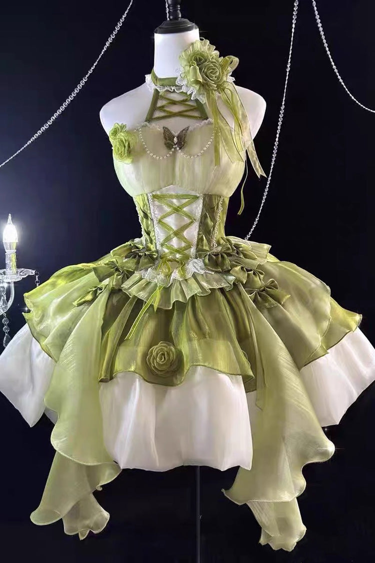 Green [Camellia Covenant] Halterneck Ruffled Bow Lace Lace-Up Sweet Lolita Jsk Dress - Product - 4