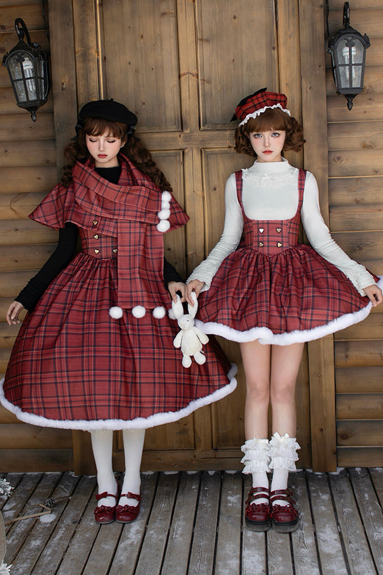 Red Striped Plaid Print Fall Winter Fishbone Sweet Corset Lolita Dress 2 Versions - Product - 6