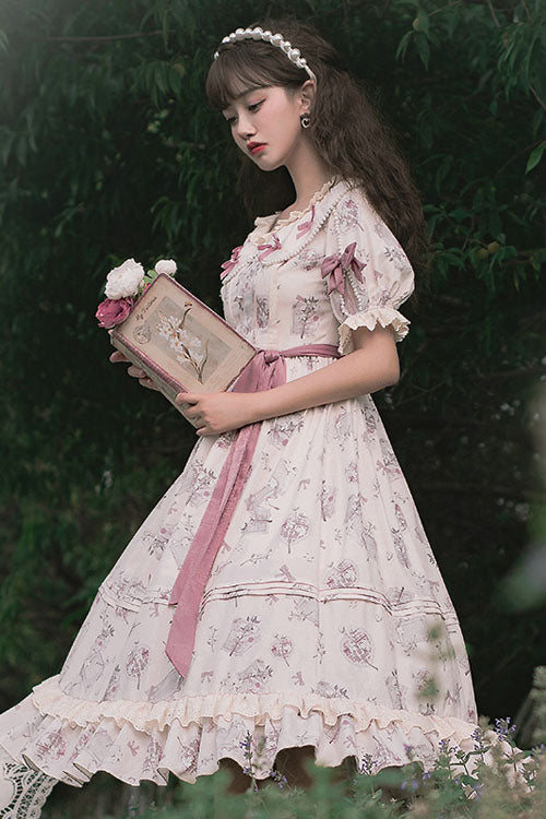White Flower Print Short Sleeves Bowknot Ruffled Sweet Lolita OP Dress - Product - 3