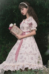 White Flower Print Short Sleeves Bowknot Ruffled Sweet Lolita OP Dress - Product - 3