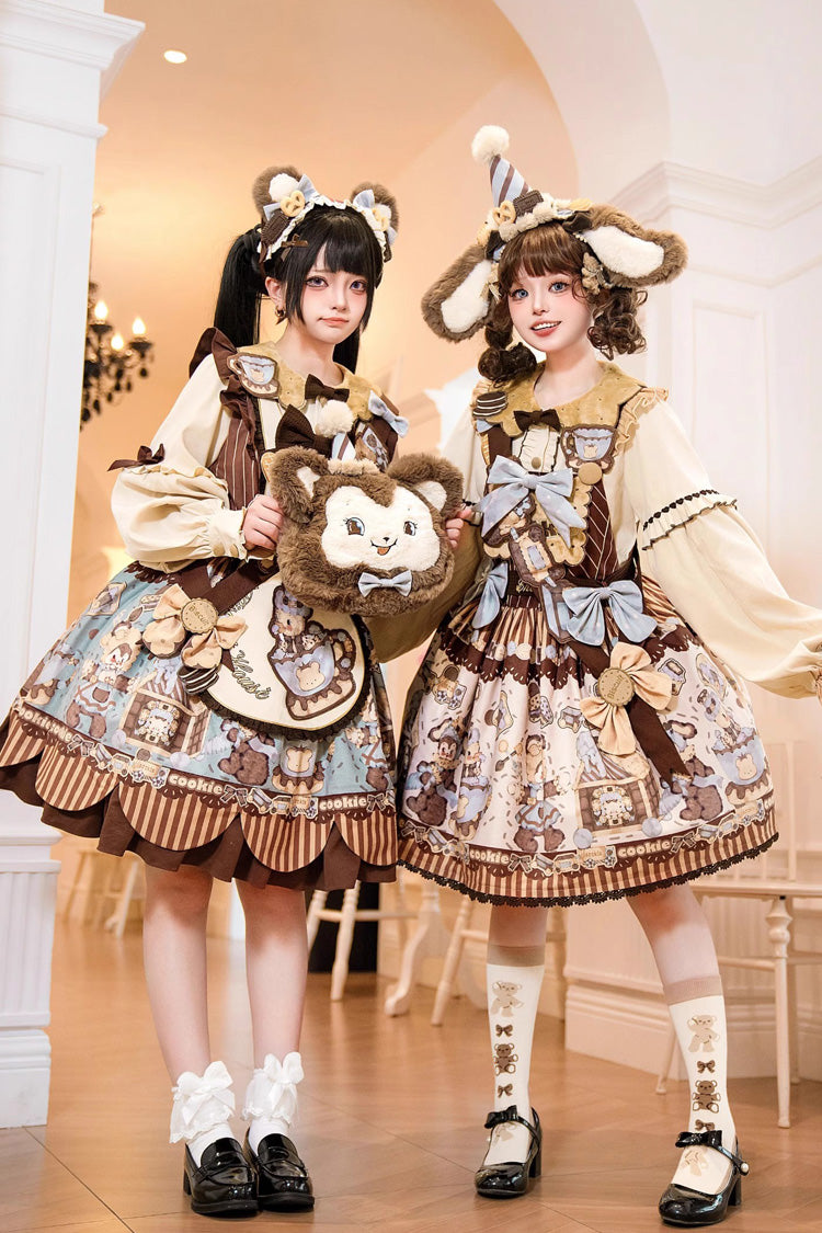 [Bear Cookies] Print Long Sleeves Ruffle Bowknot Sweet Lolita OP Dress 2 Colors - Product - 3