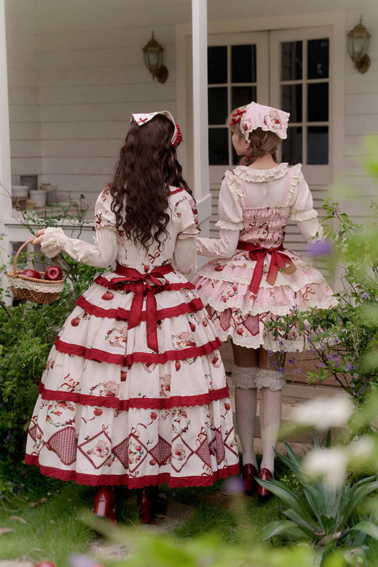 Red/Beige Triple-Layered [Apple Orchard] Print Ruffle Embroidery Sweet Lolita Long Skirt - Product - 9