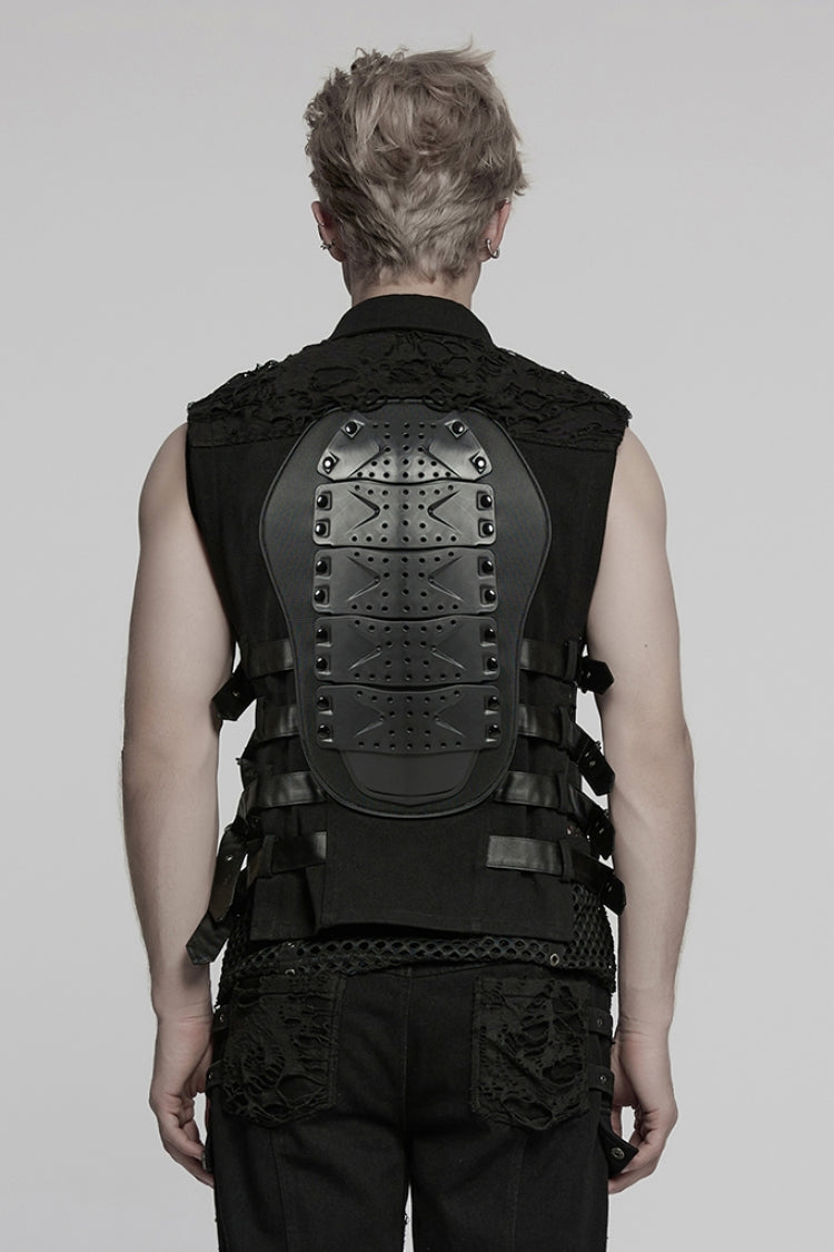 Black Stitching Mesh Rivet Buckle Men's Punk Vest - Product - 3