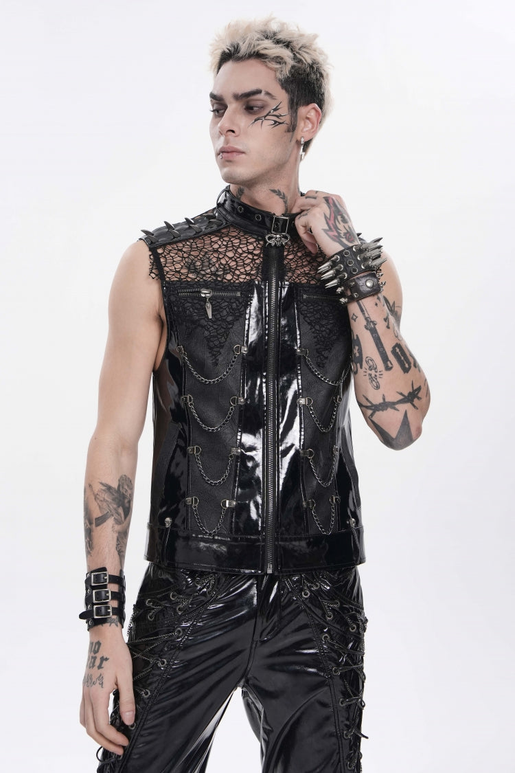 Black Spliced Mesh Studded Buckled Zippered Chain-Decorated Eyelet Men's Punk Cool Vest - Product - 13