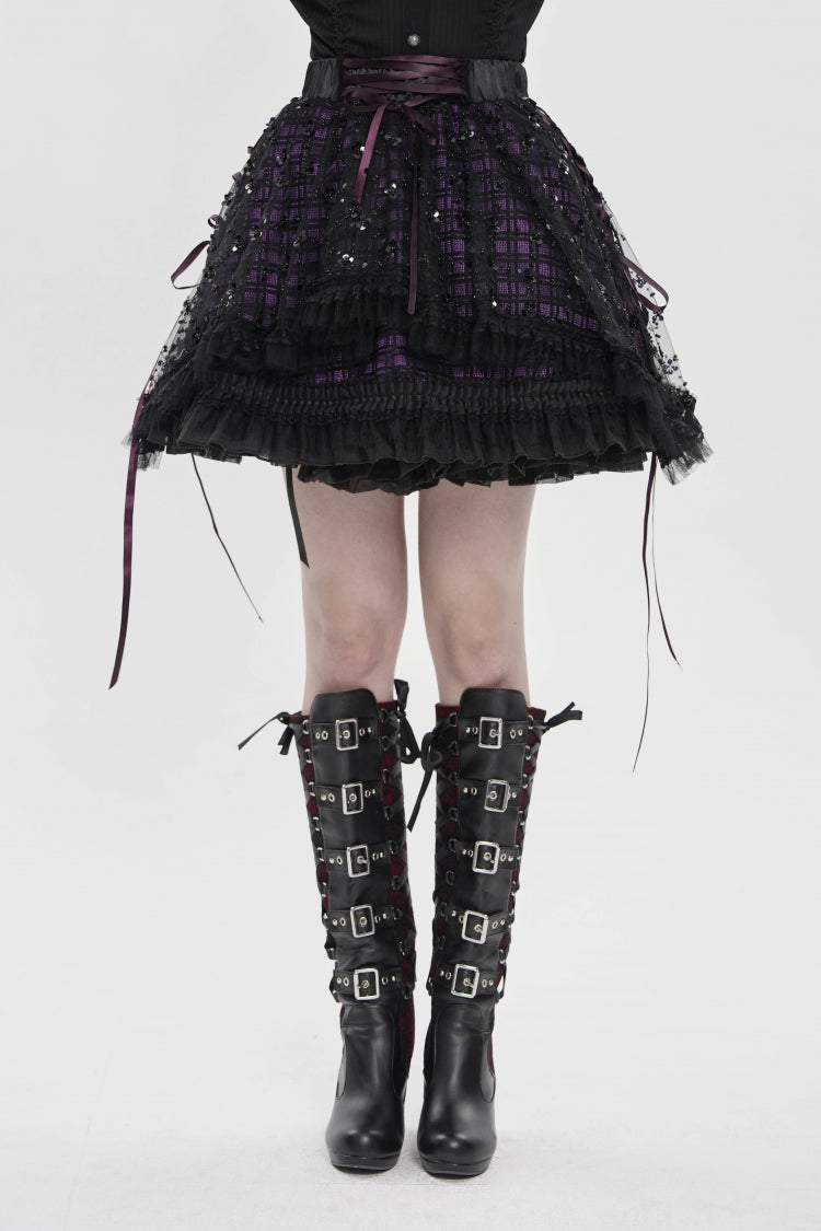 Black/Purple Multi-Layered Lace Lace-Up Women's Gothic Skirt - Product - 6