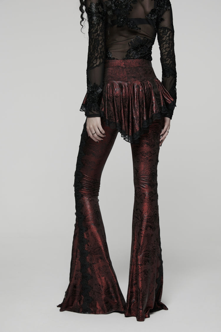 Red Printed Lace Slim Faux Two-Piece Women's Gothic Flared Pants - Product - 7