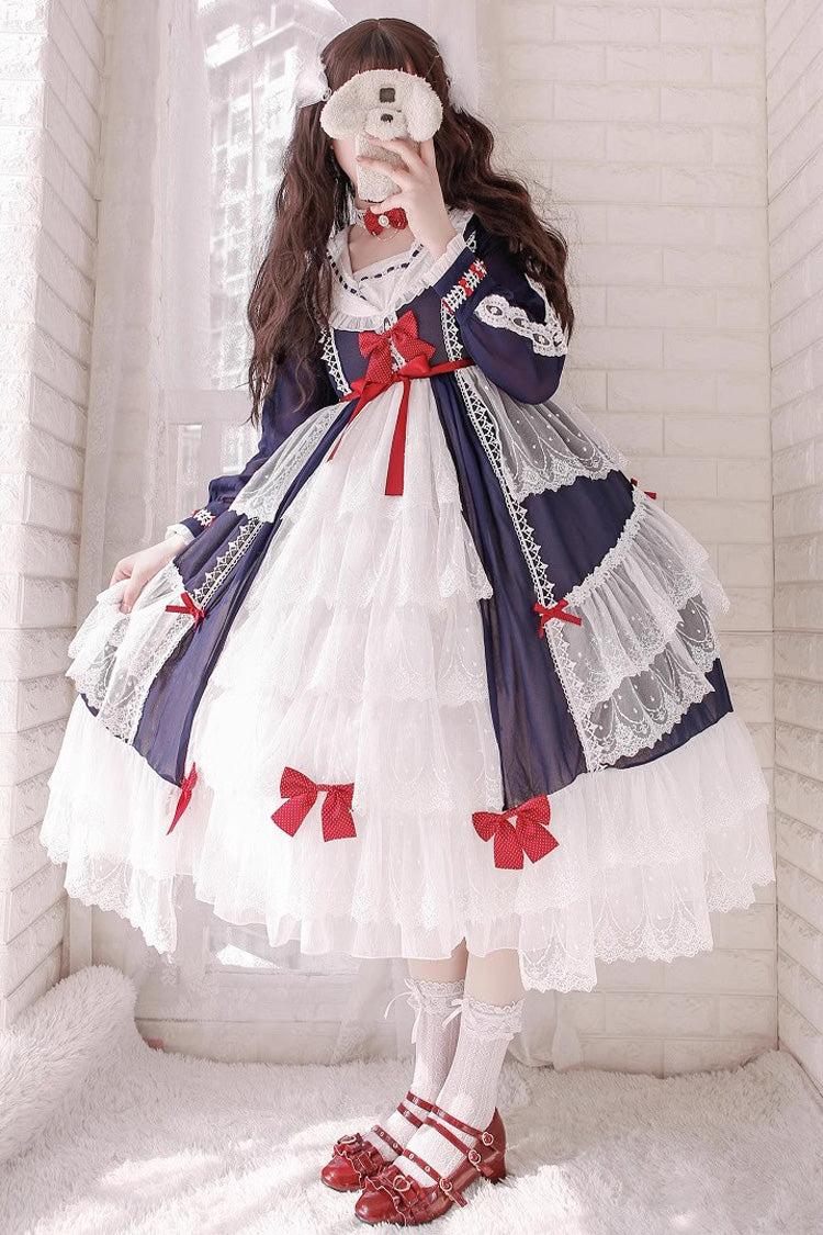 White/Blue Long Sleeves Multi-layer Ruffle Hanayome Cardigan Bowknot Sweet Princess Lolita Dress - Product - 2