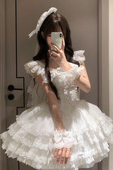 White [Flory Butterfly] Double-Layered Ruffle Bowknot Lace Lace-Up Sweet Ballet Lolita Jsk Dress - Product - 4