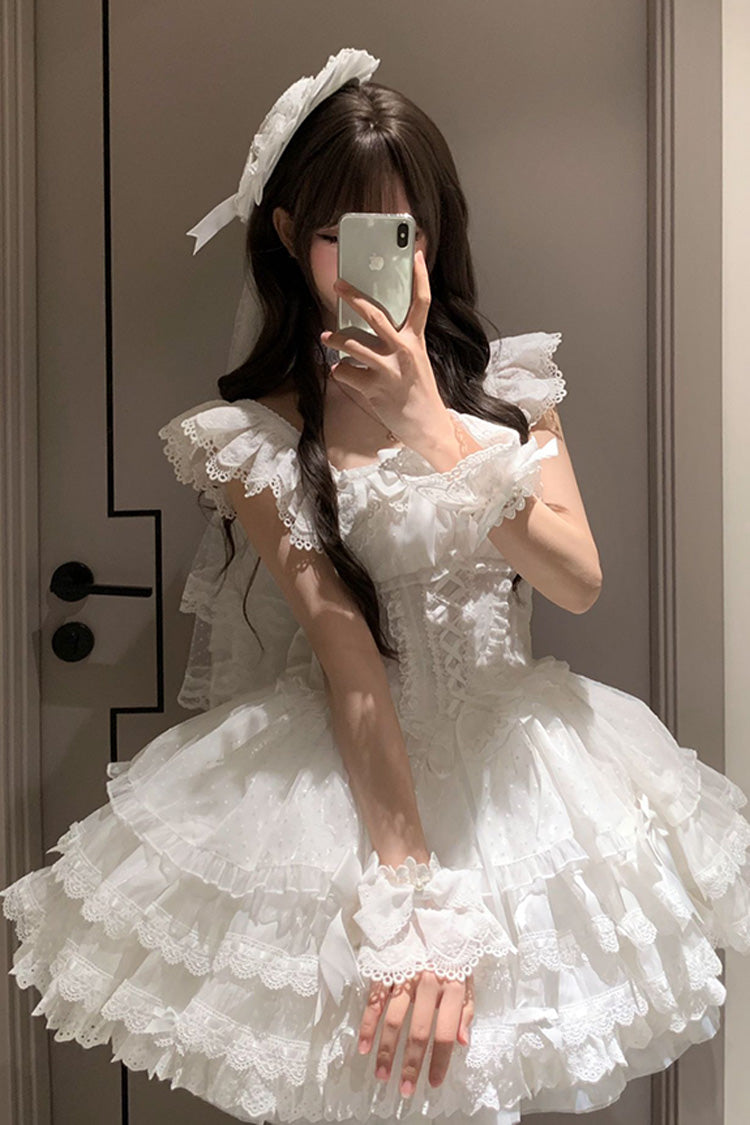 White [Flory Butterfly] Double-Layered Ruffle Bowknot Lace Lace-Up Sweet Ballet Lolita Jsk Dress - Product - 4