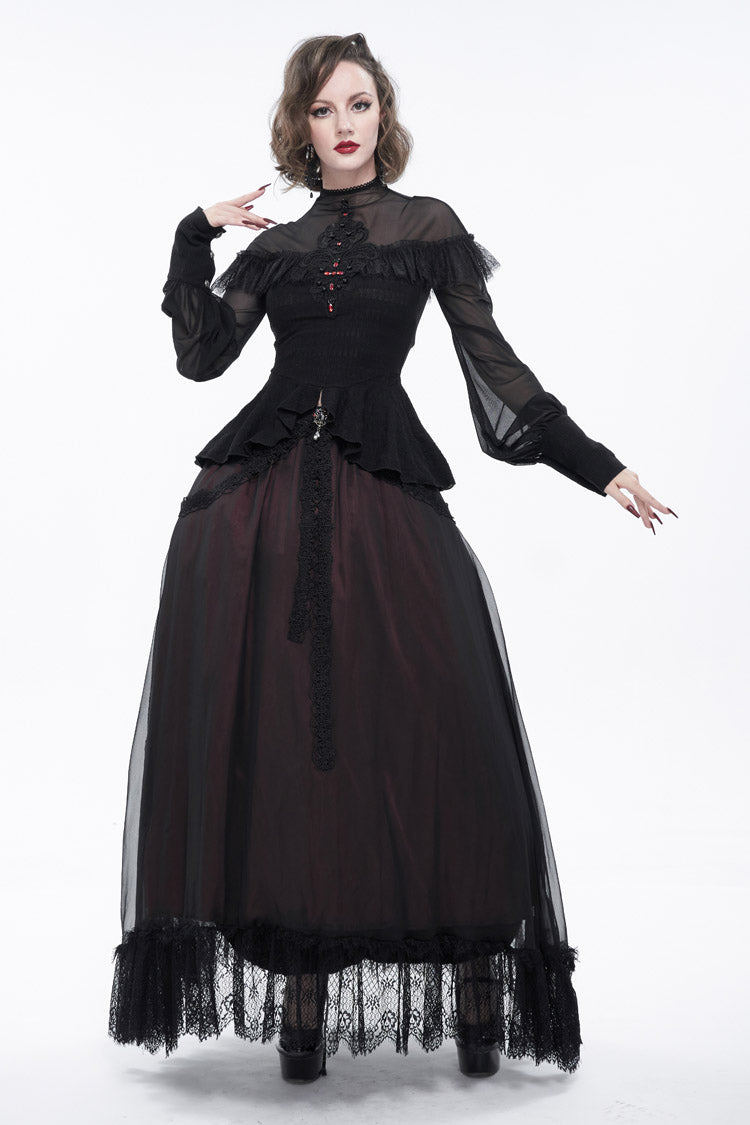 Black Retro Perspective Sexy Turtleneck Lace Panel Mesh Lantern Sleeve Women's Gothic T-Shirt - Product - 7