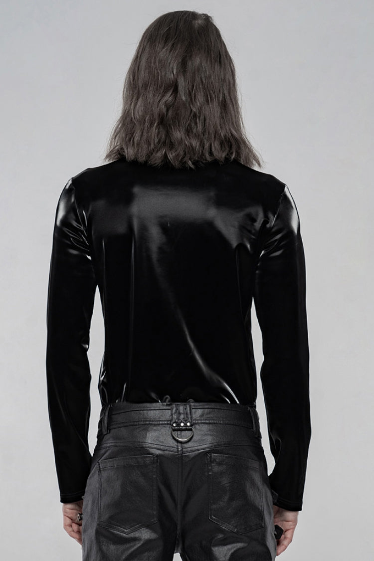 Black High Collar Long Sleeves Imitation Shark Skin Stitching Men's Gothic T-Shirt - Product - 3