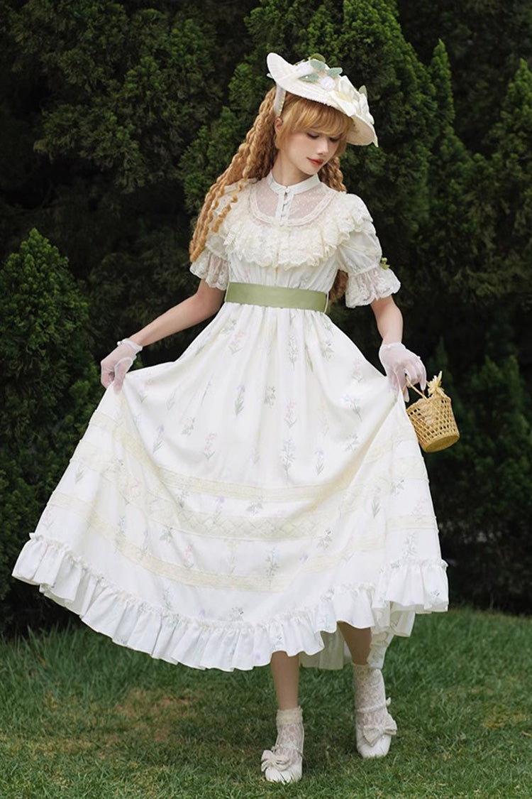 White/Green Letters and Poems to Austen Short Sleeves Print Hollow Lace Sweet Elegant Lolita Dress - Product - 8