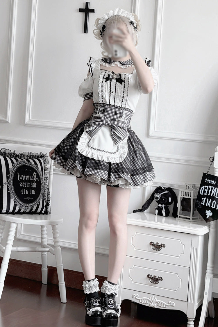 Jirai Kei Square Collar Off Shoulder Short Sleeves Printed Bow Sweet Maid Skirt Set 2 Colors - Product - 12