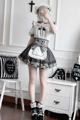 Jirai Kei Square Collar Off Shoulder Short Sleeves Printed Bow Sweet Maid Skirt Set 2 Colors - Product - 12
