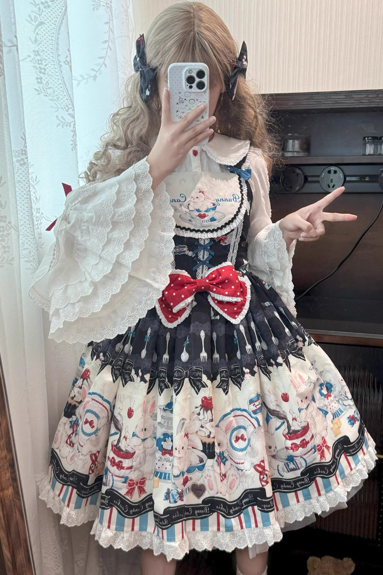 Black [Mystery Rabbit Tea Party] Sleeveless Print Ruffle Bowknot Lace Sweet Lolita Jsk Dress - Black - 1