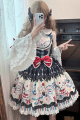 Black [Mystery Rabbit Tea Party] Sleeveless Print Ruffle Bowknot Lace Sweet Lolita Jsk Dress - Black - 1