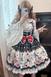 Black Mystery Rabbit Tea Party, ärmellos, bedruckt, Rüschen, Schleife, Spitze, süß (Kleid einzeln), Vorderansicht