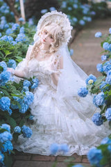 White [Dreamy Waltz] Sleeveless Multi-Layered Ruffled Hanayome Bow Lace Gothic Gorgeous Lolita Jsk Dress - Product - 7