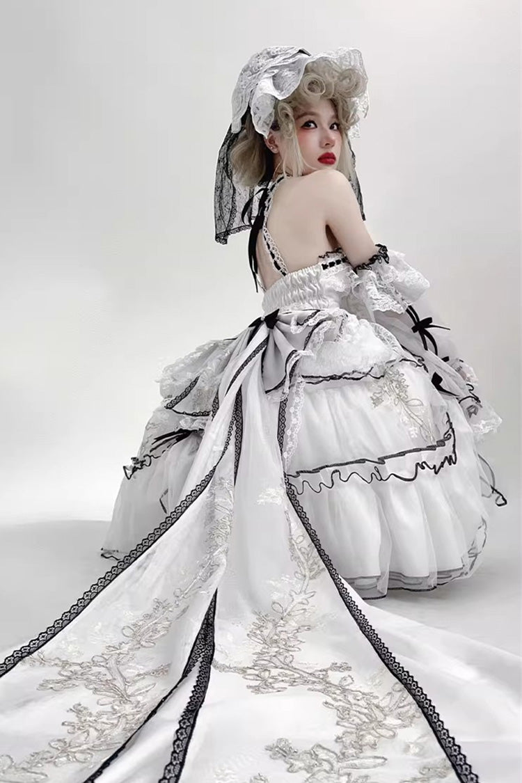 White [Cascade Poem] Sleeveless Multi-Layered Ruffle Hanayome Bowknot Lace Gothic Plus Size Gorgeous Lolita Jsk Short Dress - Product - 4