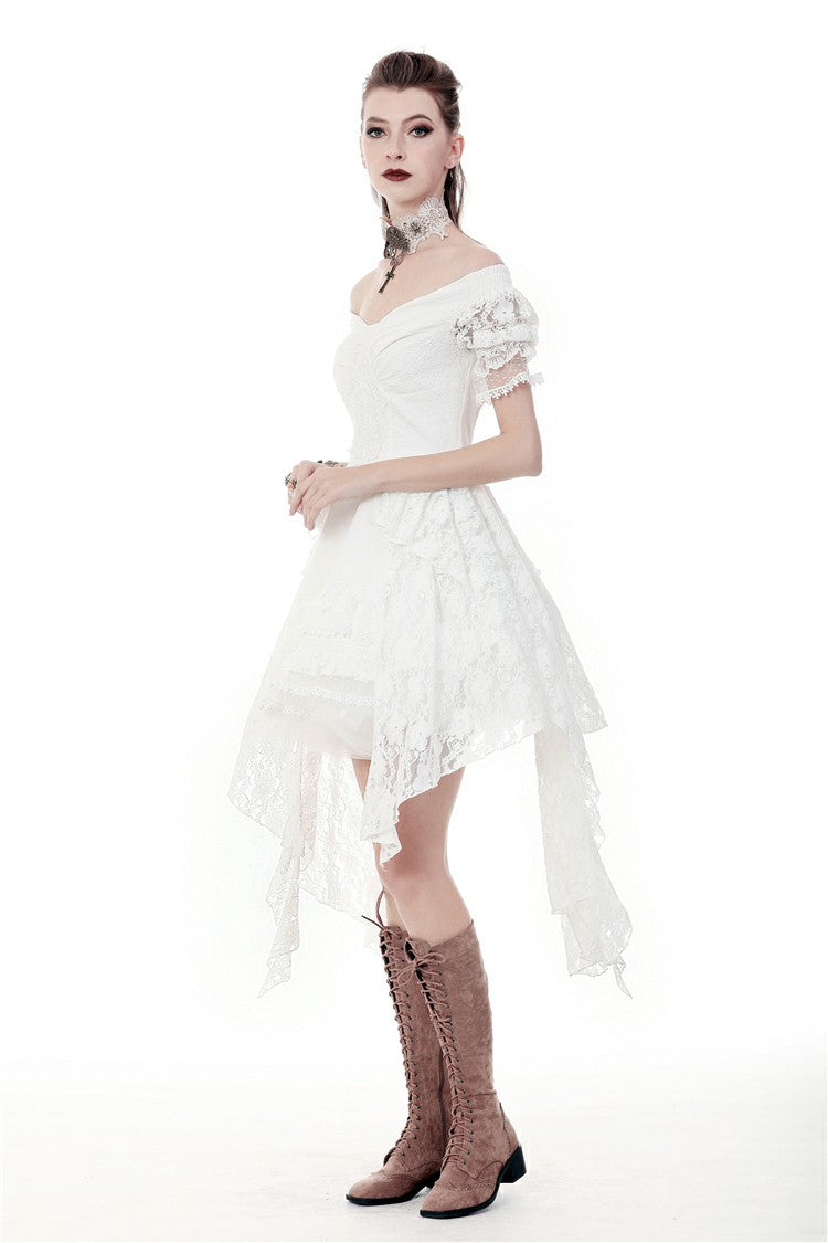 White Off Shoulder Lace Short Sleeves Lace-Up Women's Steampunk Luxurious Wedding Graduation Dress - Product - 2