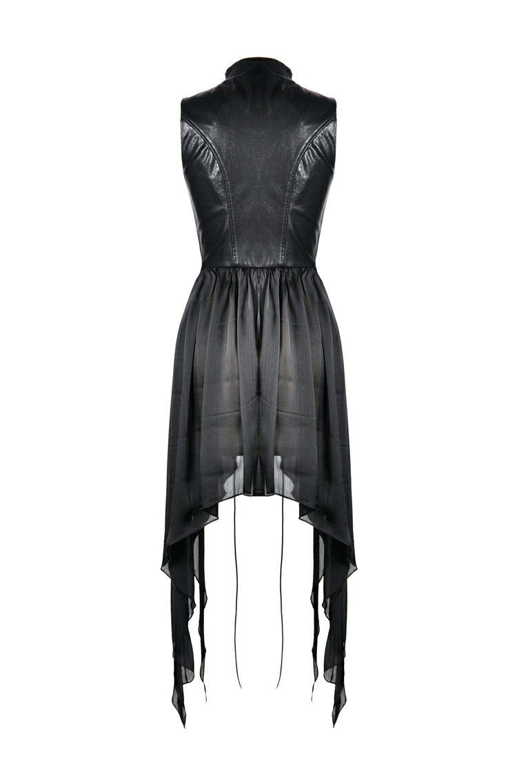 Black Chiffon Sleeveless Cut-Out Chest Irregular Hem Lace-Up Buckled Women's Punk Jacket - Product - 15