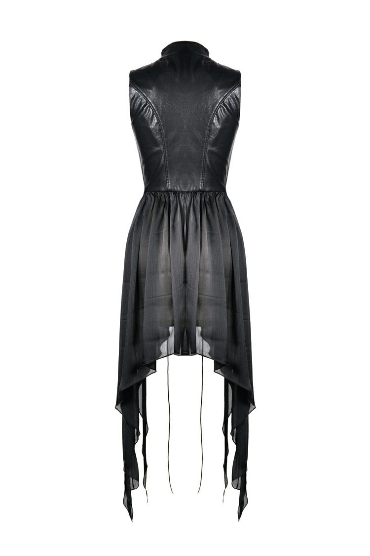 Black Chiffon Sleeveless Cut-Out Chest Irregular Hem Lace-Up Buckled Women's Punk Jacket - Product - 15