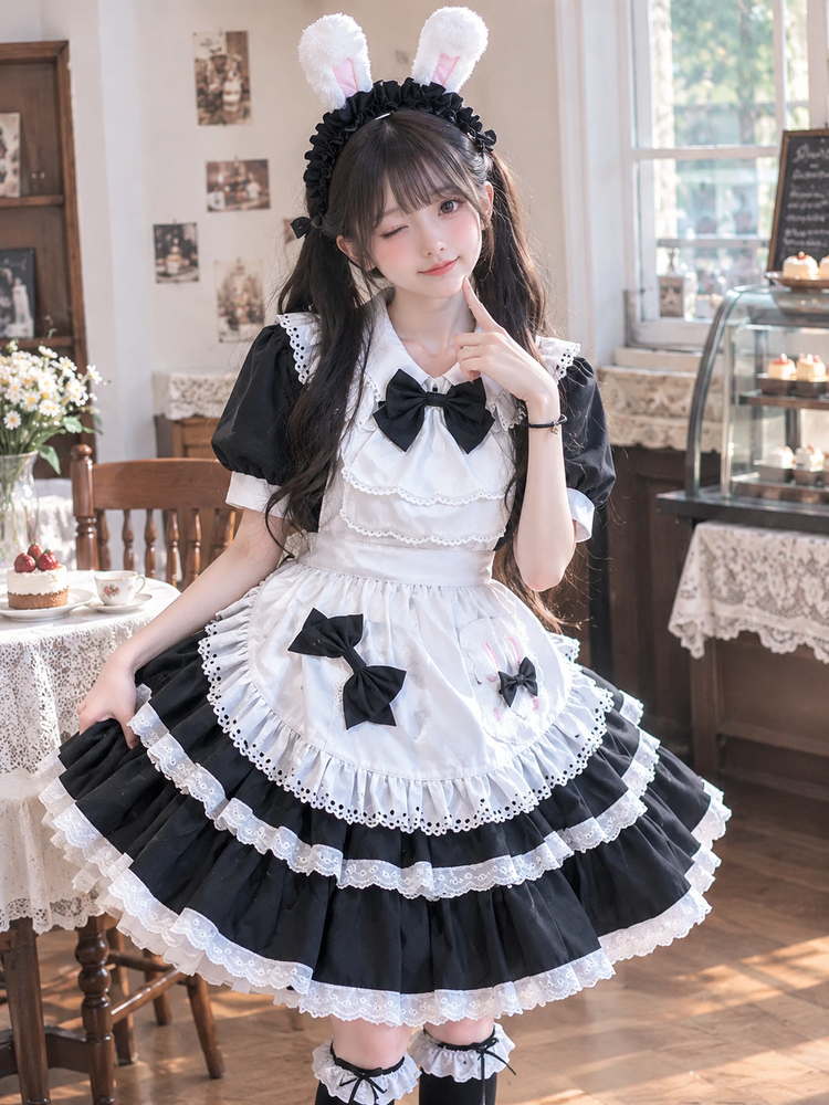 Lolita Style Ruffle Dress with Apron and Bow Accents 商品画像