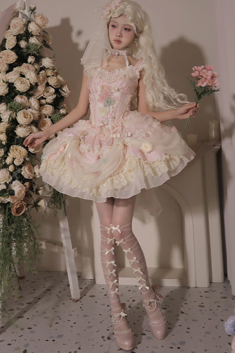 Pink [Dream Garden] Ruffle Hanayome Embroidery Bowknot Lace Fishbone Sweet Princess Gorgeous Lolita Jsk Dress - Product - 5