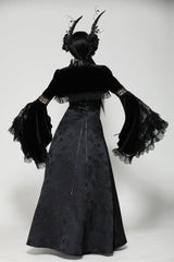 Black Long Puff Flared Sleeves Ruffled Lace Spliced Velvet Women's Gothic Cape - Product - 4