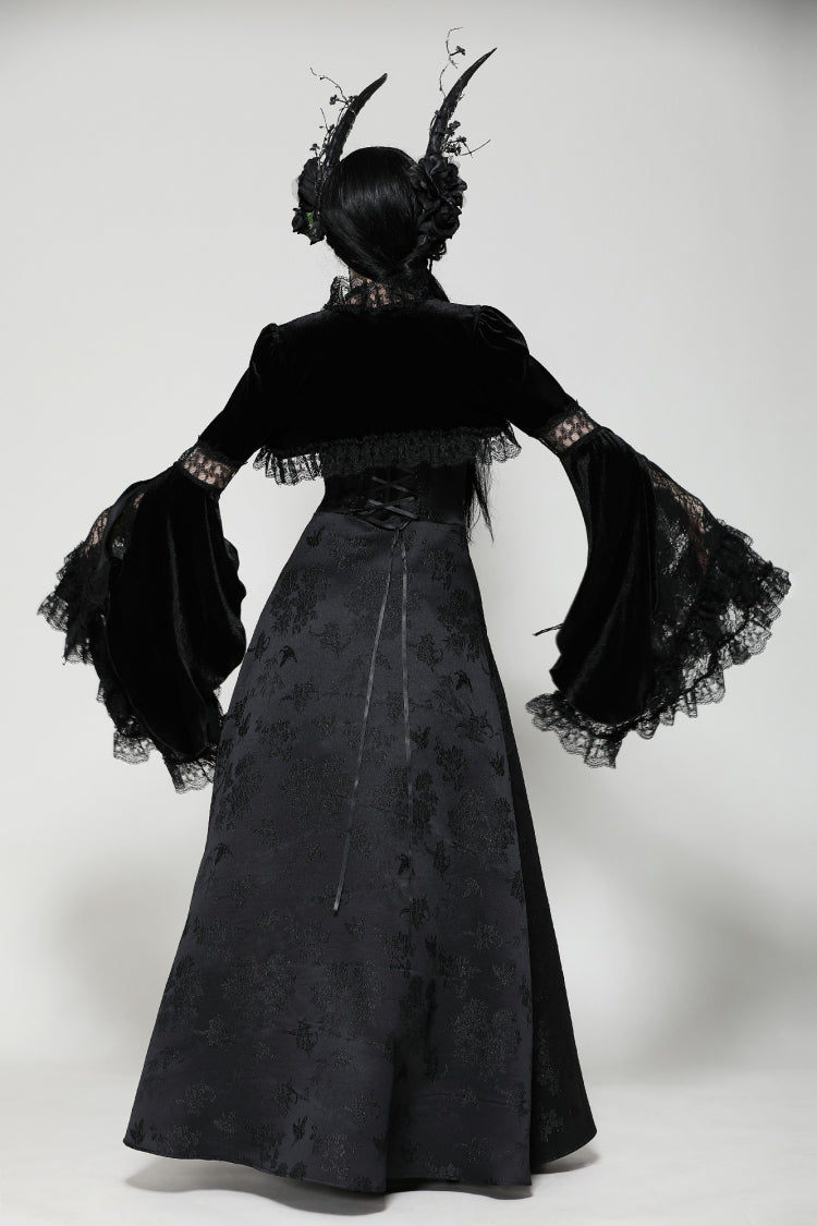 Black Long Puff Flared Sleeves Ruffled Lace Spliced Velvet Women's Gothic Cape - Product - 4