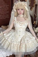 Ivory [Fleeting Light and Shallow Dream] Sleeveless Multi-Layered Ruffle Bowknot Lace Slim Sweet Ballet Lolita Jsk Dress - Product - 2