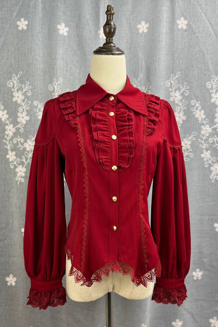[Late Night] Lapel Collar Long Sleeves Ruffle Lace Slim Sweet Lolita Blouse 6 Colors - Red - 12
