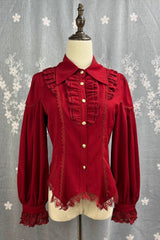 [Late Night] Lapel Collar Long Sleeves Ruffle Lace Slim Sweet Lolita Blouse 6 Colors - Red - 12