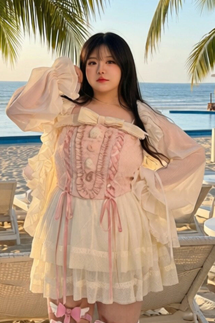 Pink Sleeveless Double-Layered Ruffled Bow Lace-Up Sweet Plus Size Lolita Jsk Dress - Product - 4