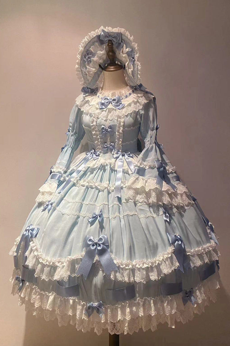 Blue Round Collar Long Trumpet Sleeves Hanayome Bowknot Lace Daily Sweet Elegant Princess Lolita Dress - Blue - 1
