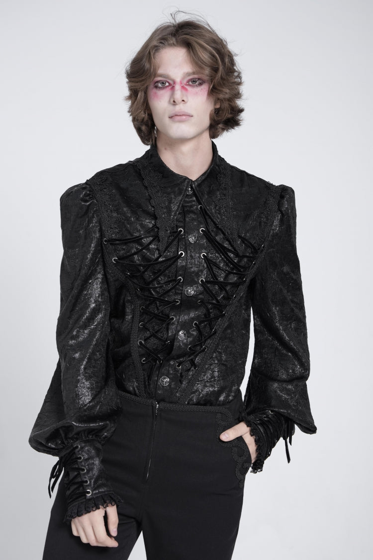 Black Long Puff Sleeves Jacquard Lace Men's Gothic Blouse - Product - 3