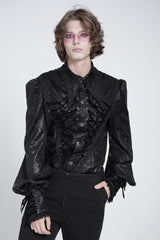 Black Long Puff Sleeves Jacquard Lace Men's Gothic Blouse - Product - 3