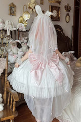 White/Pink [Snow of Love] Ruffled Hanayome Open-Front Bow Lace Sweet Princess Lolita Dress - Product - 2