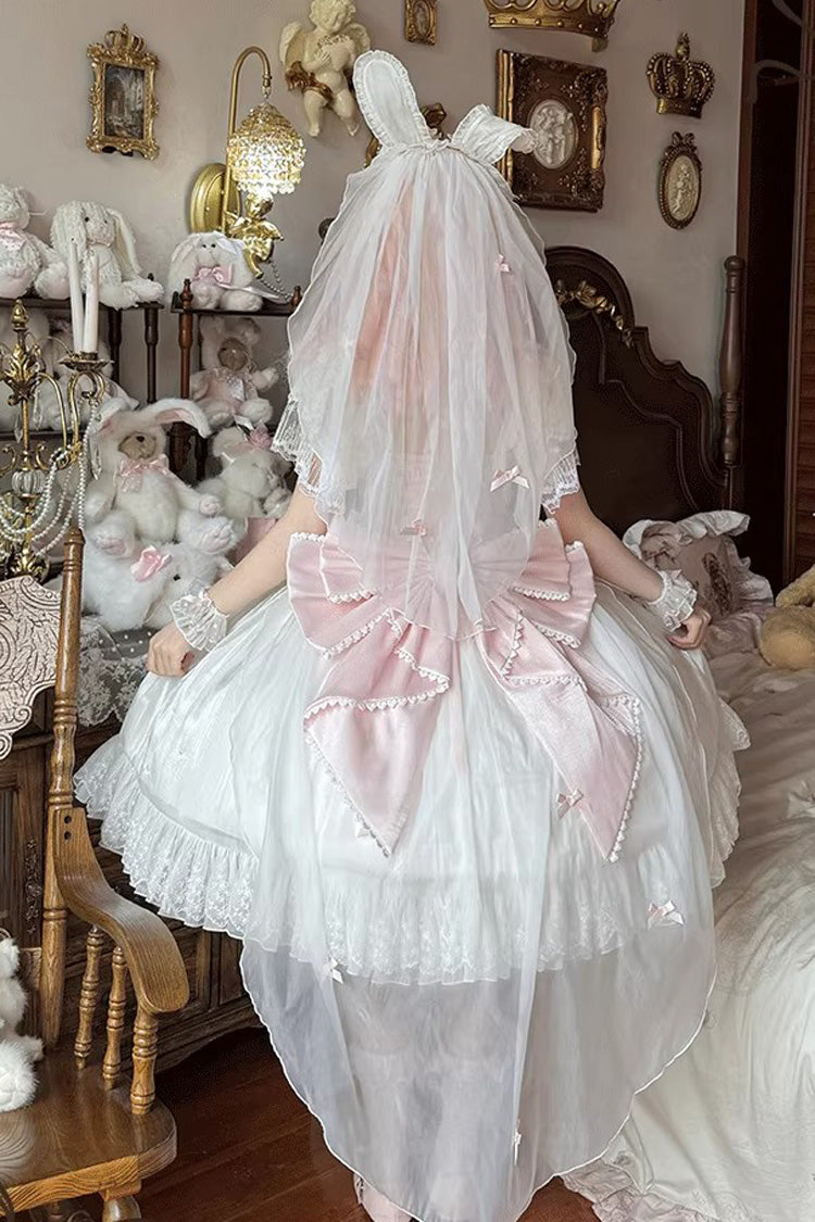 White/Pink [Snow of Love] Ruffled Hanayome Open-Front Bow Lace Sweet Princess Lolita Dress - Product - 2