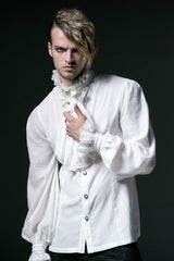 White Stand Collar Retro Button Long Lantern Sleeves Mens Gothic Blouse - Product - 3