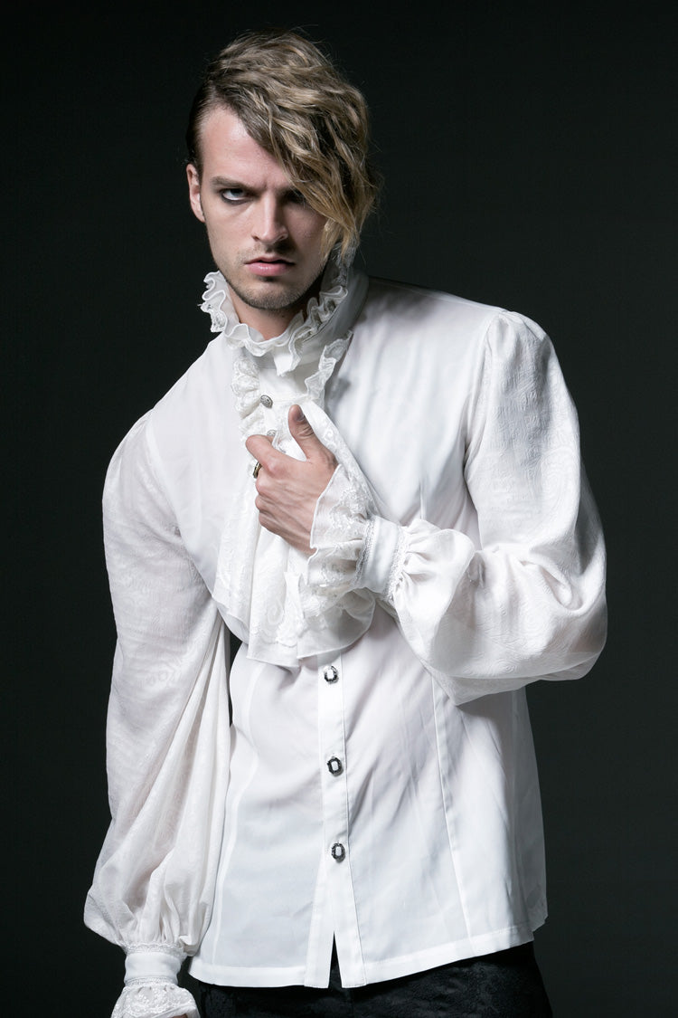 White Stand Collar Retro Button Long Lantern Sleeves Mens Gothic Blouse - Product - 3
