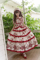 Red/Beige Triple-Layered [Apple Orchard] Print Ruffle Embroidery Sweet Lolita Long Skirt - Product - 10