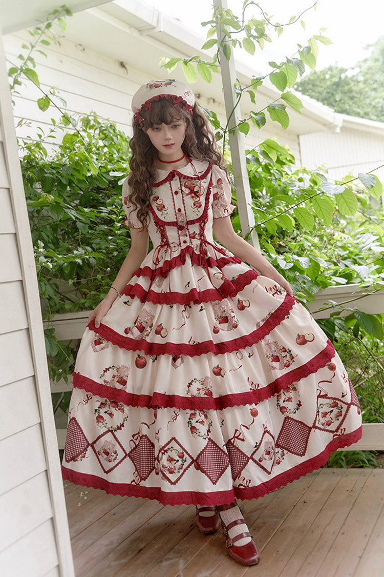 Red/Beige Triple-Layered [Apple Orchard] Print Ruffle Embroidery Sweet Lolita Long Skirt - Product - 10