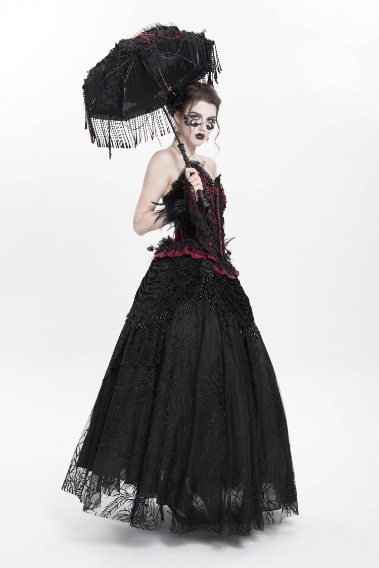 Black Floral Embroidered Beaded Women's Gothic Long Skirt - Product - 13