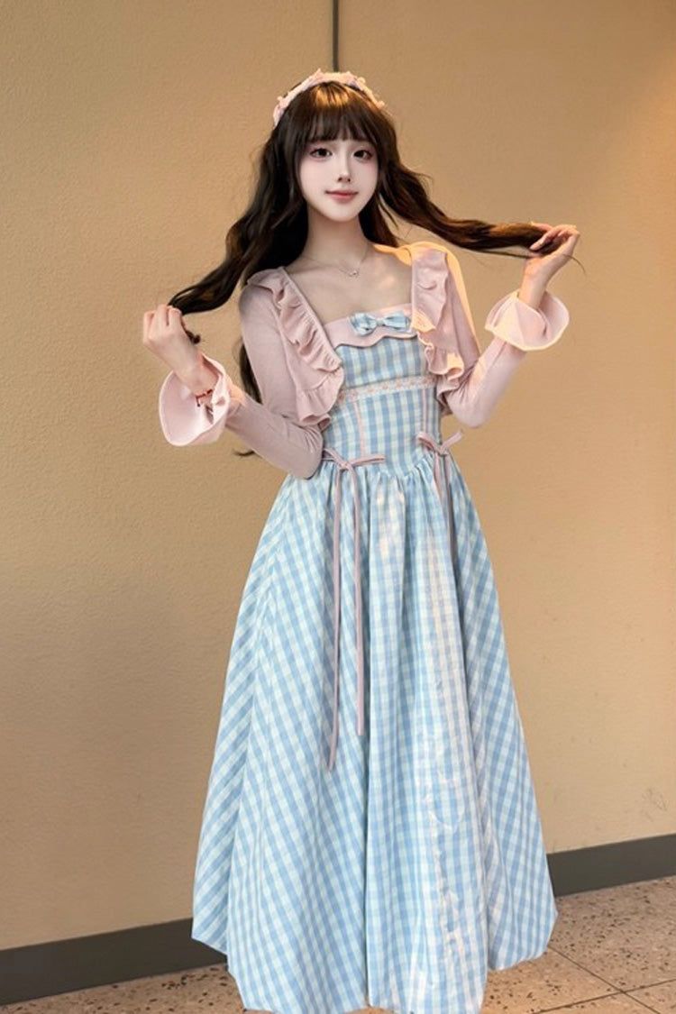 Blue [Sea Salt Strawberries] Sleeveless Plaid Print Bowknot Sweet Lolita Jsk Long Dress - Product - 2