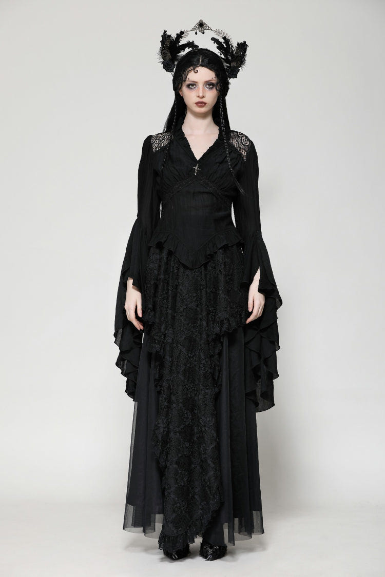 Black Ruffled V Collar Cross Ornament Long Trumpet Sleeves Pleated Women's Gothic Top - Product - 5