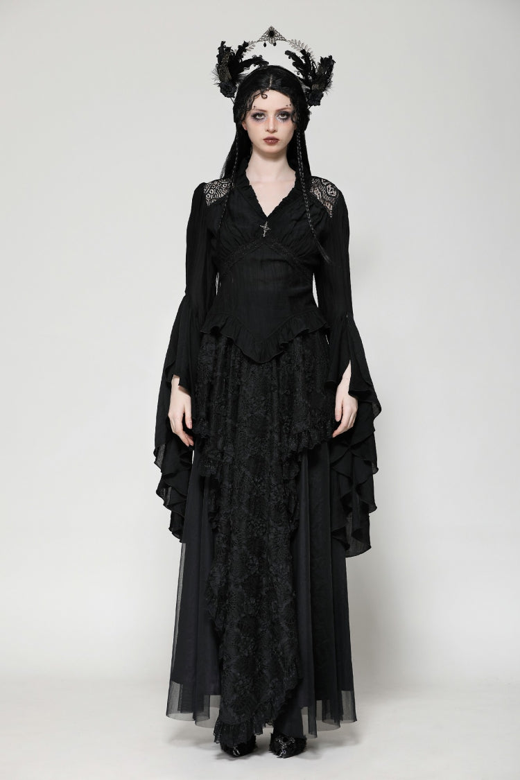 Black Ruffled V Collar Cross Ornament Long Trumpet Sleeves Pleated Women's Gothic Top - Product - 5
