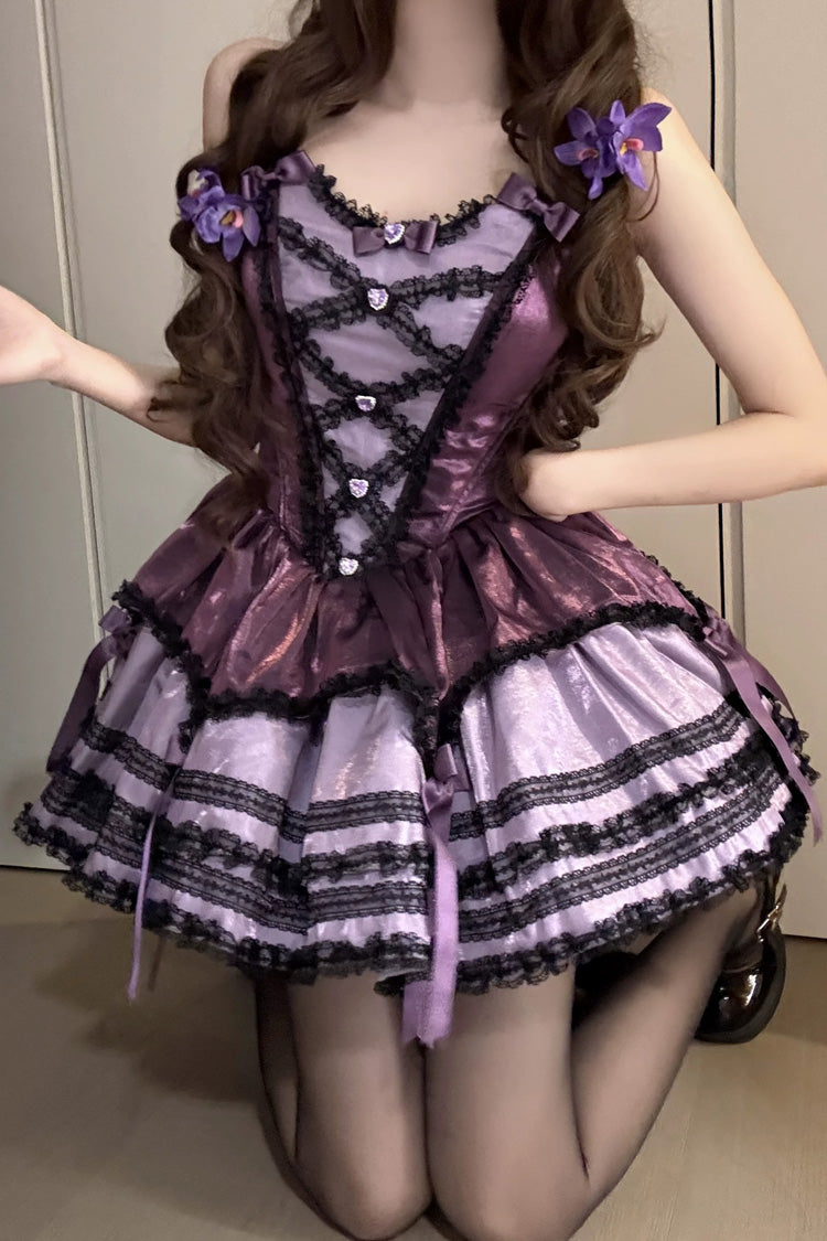 Purple [Jasmine Rain] Square Collar Sleeveless Triple-Layered Polka Dot Printed Ruffled Bow Lace Sweet Lolita Jsk Dress - Product - 4