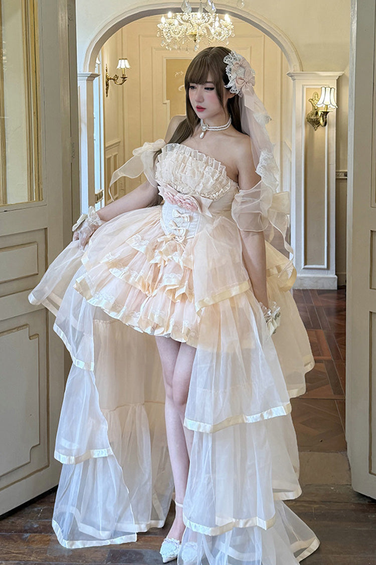 Pink [Mousse Love Song] Off Shoulder Sleeveless Triple-Layered Ruffled Hanayome Bow Sweet Elegant Ballet Lolita Short Dress Set - Product - 7