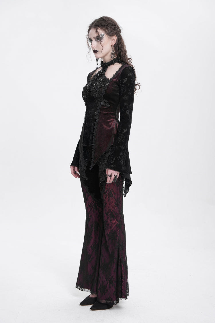 Red Long Trumpet Sleeves Jacquard Cutout Women's Gothic Blouse - Product - 7